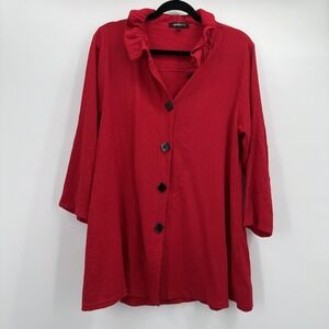 Yushi Jacket Womens Small Red Textured Button Front Ruffle Collar Knit Made USA